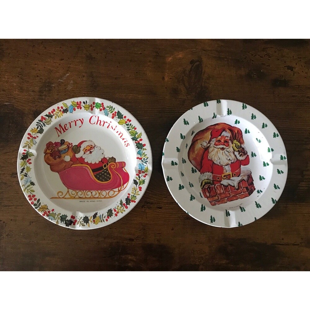 2 Vintage Santa Christmas Tin Ashtrays